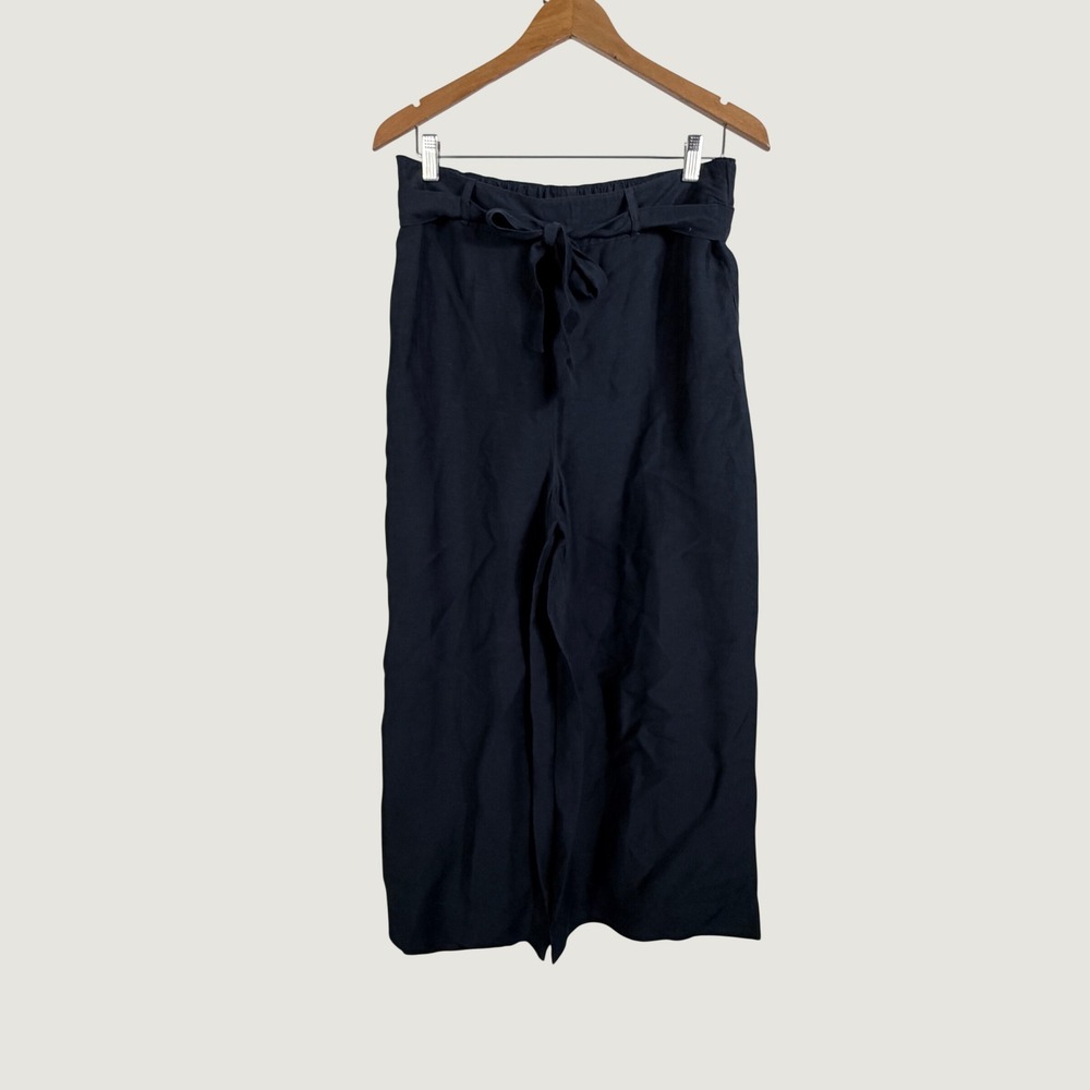Halston Pants Women L Blue Wide Leg Linen Blend Tie Waist High Rise‎ Cropped